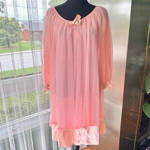 Vintage 1960s peignoir, coral open back robe, wide satin trim & ribbon details